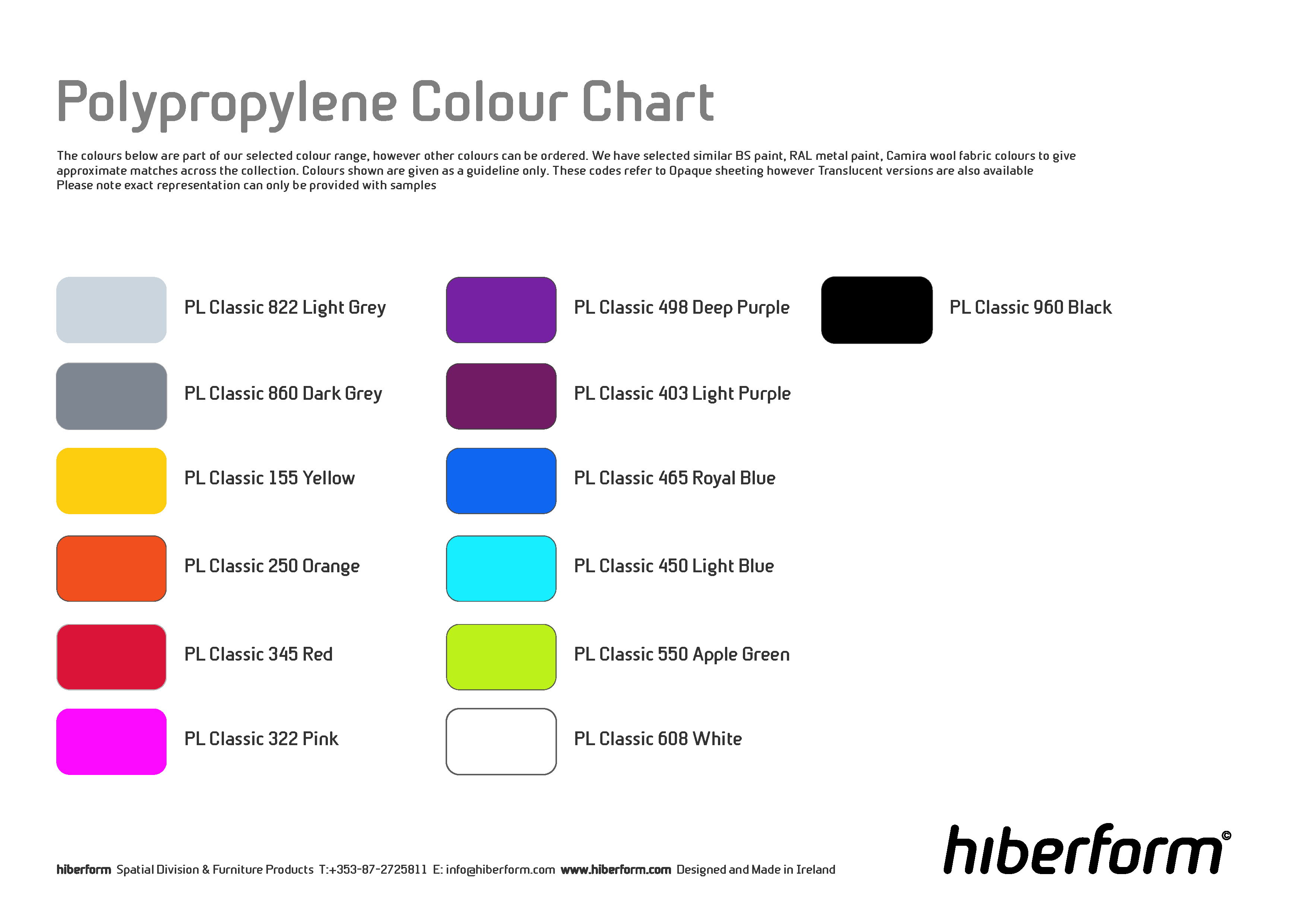 Polypropylene Colour Chart Hiberform Hiberform